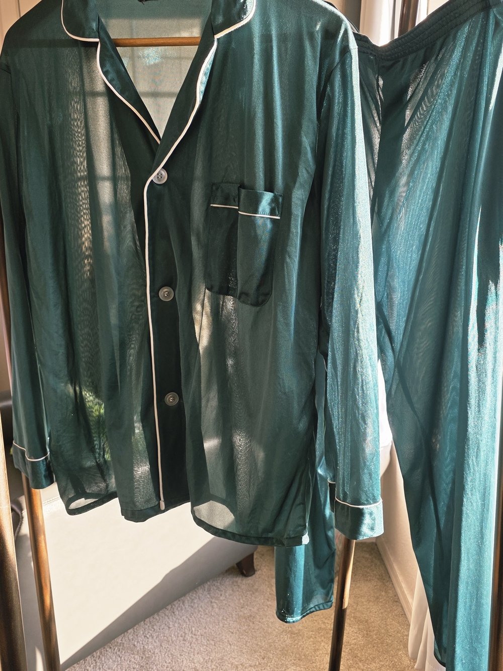 Oscar de la Renta Sheer Green Pajama Set with White Piping Vintage